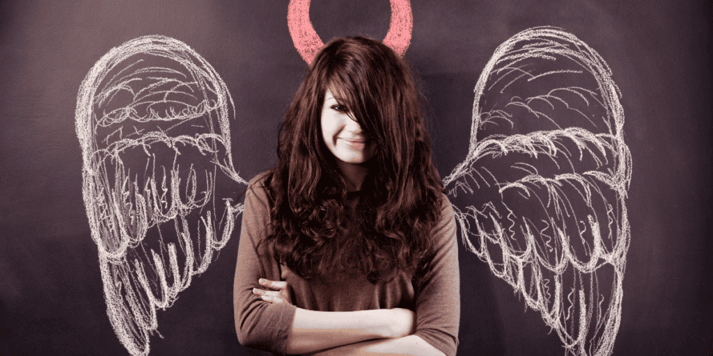 Girl with angel wings and devil horns